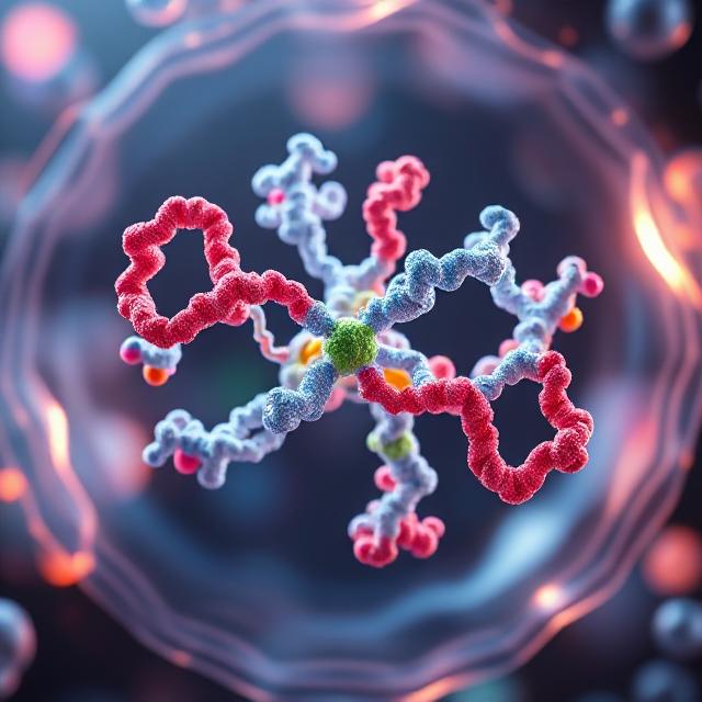 AI-Generated Visualization of Synthetic Protein Structure A 3D symmetrical synthetic protein designed by AI, glowing inside a cell-like environment.